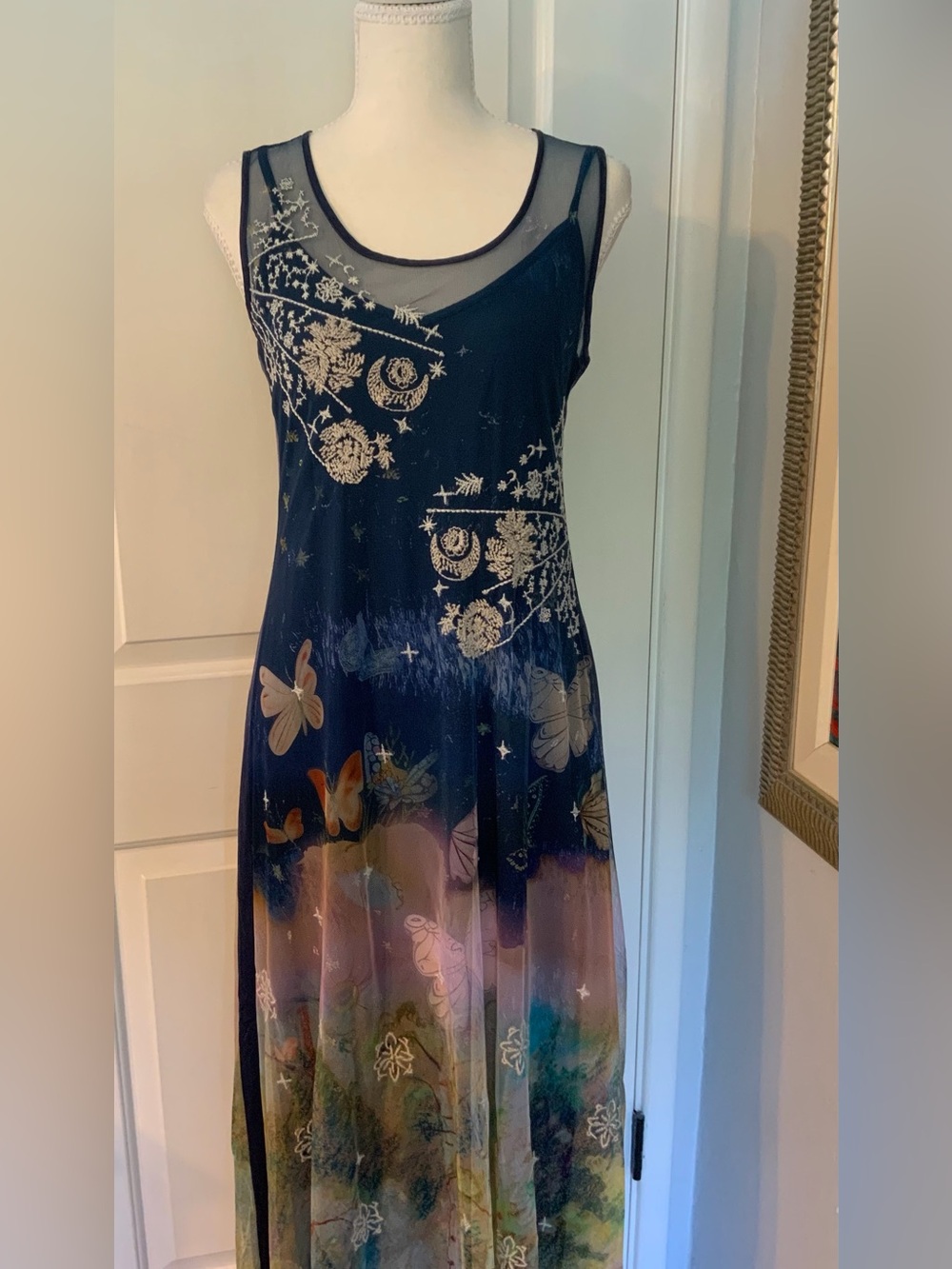 NWT Johnny Was Aurelius Mesh Embroidered Dress Over Printed Slip - Picture 3 of 14
